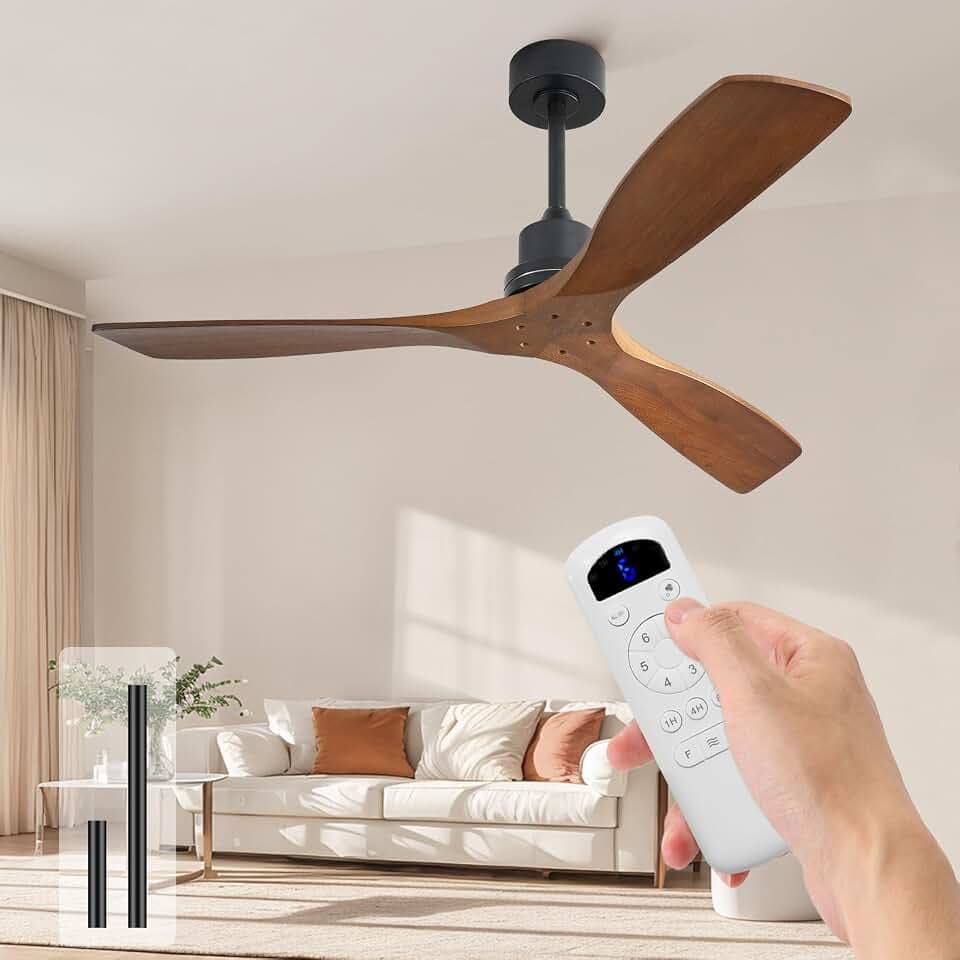 Sofucor 52 inch Rustic Ceiling Fan no Lights, 3 Wood Blades, Brown