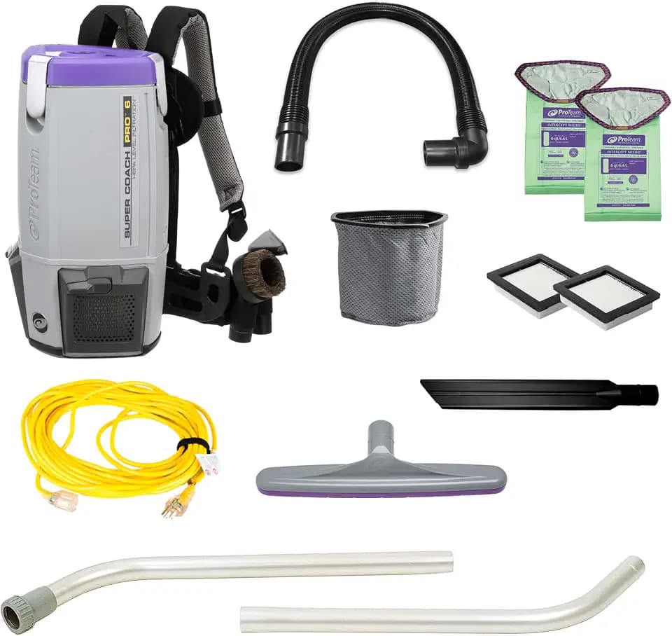 ProTeam Super Coach Pro 6 Backpack Vacuum Commercial with 2 Piece Wand Tool Kit, 6 Quart, Corded, 107308