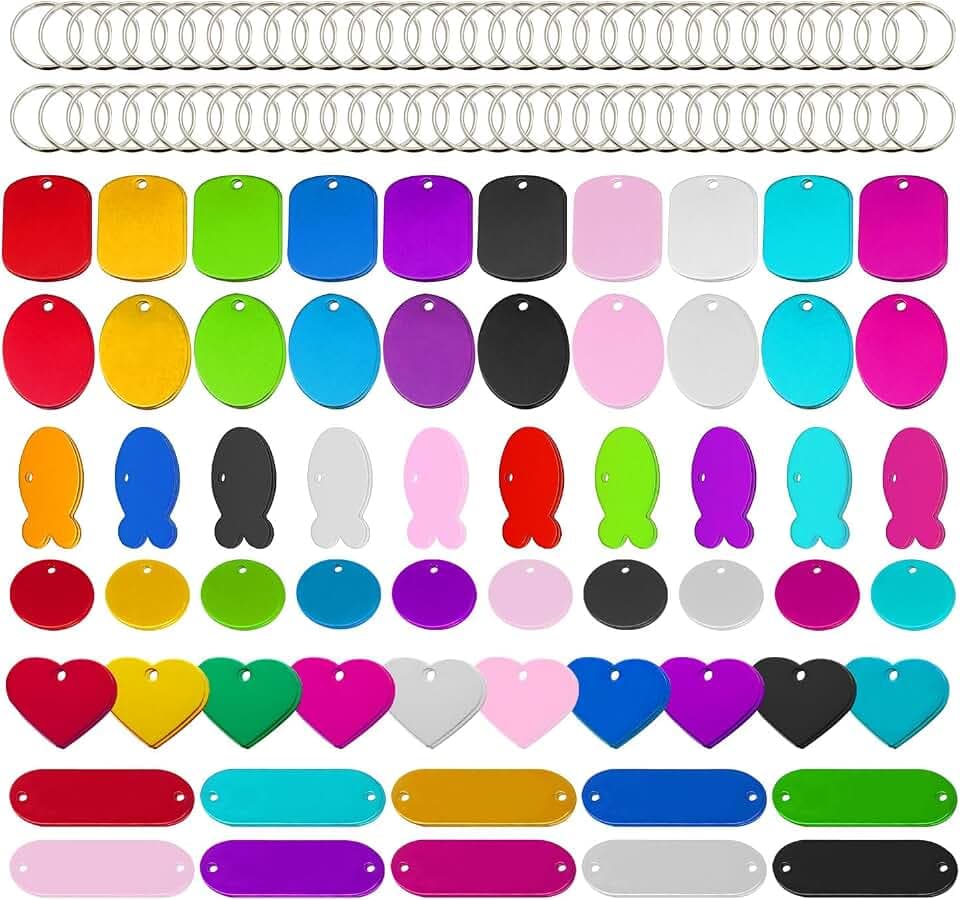 72 Stück bunte leere Hundemarken, Haustier-ID-Tags, leere Hundemarken, Hand-, Aluminiumlegierung, blanko, Namensschilder mit Loch in 6 Formen, 10 Farben für Hunde, Katzen, Haustiere, Namensschilder,