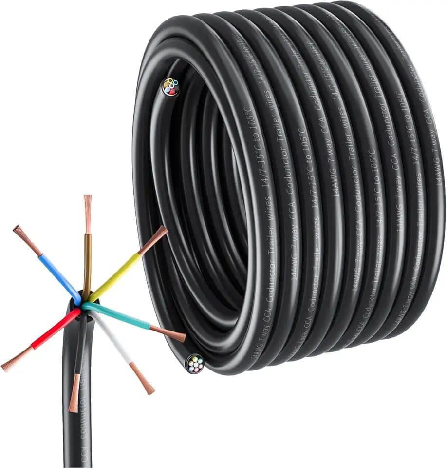 7 Way Trailer Wire Harness Kit, 50 Feet Heavy Duty 14 Gauge 7 Wire Trailer Cable with Color-Coded PVC Jacket, 7 Pin Wiring Conductor for RV, Camper, Utility Trailers, Boat, Truck