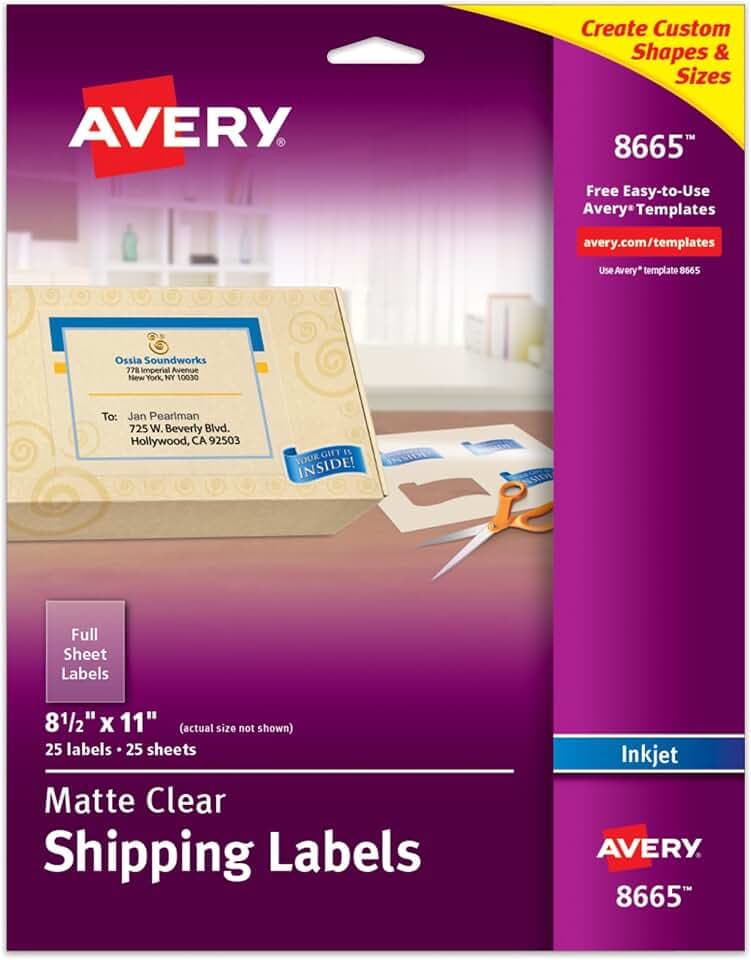 Avery Full Sheet Printable Shipping Labels, 8.5" x 11", Matte Clear, Inkjet, Create Custom Labels Using Scissors or Electronic Cutting Machines, 25 Total (8665)