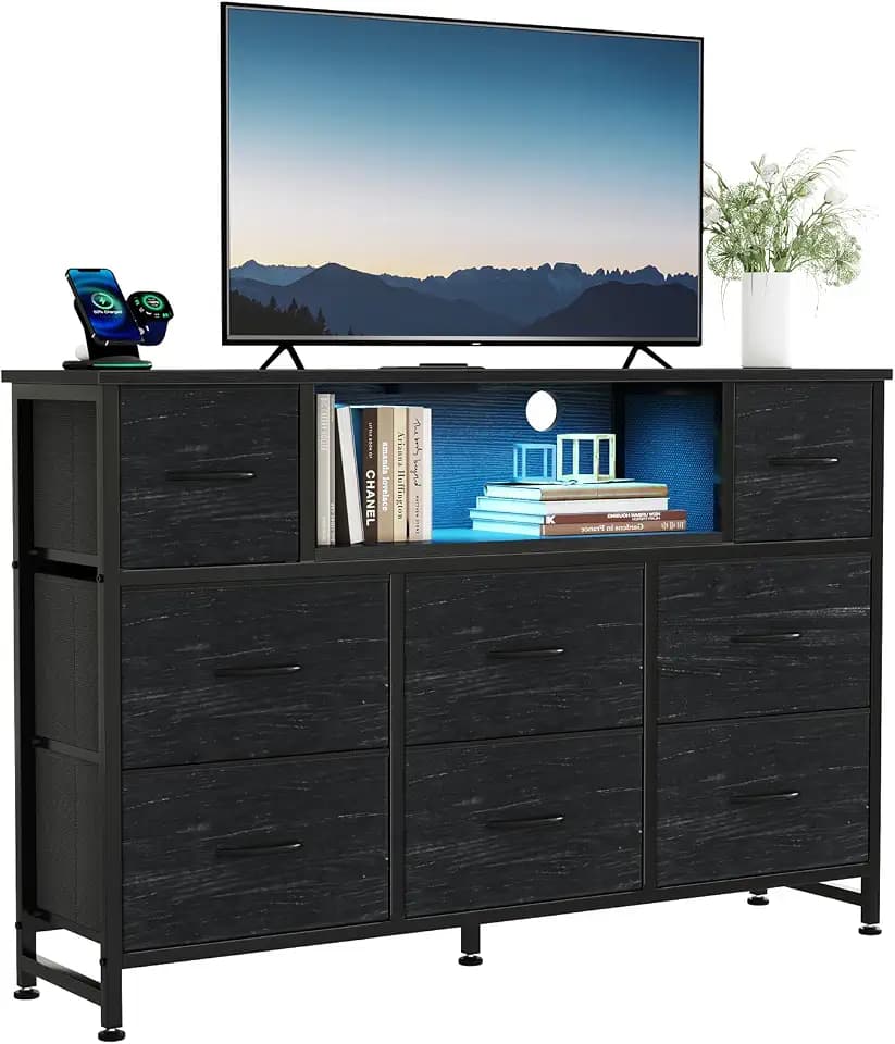 DUMOS TV Stand Dresser with 8 Fabric Drawers and Open Shelves, LED Entertainment Center with Charging Station, Wood Top Media Console for 45-55 inch, Bedroom, Woodgrain Black