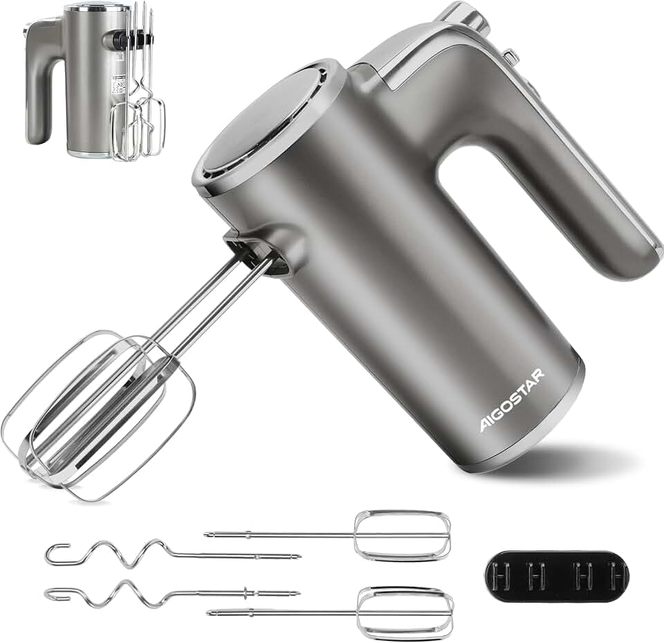 Aigostar Adela – Elektrischer Handmixer, sehr leistungsstark, 400 W, 5 Geschwindigkeitsstufen + Turbo, Auswurfknopf. 1 Aufbewahrungsständer und 2 Handrührer und 2 Knethaken