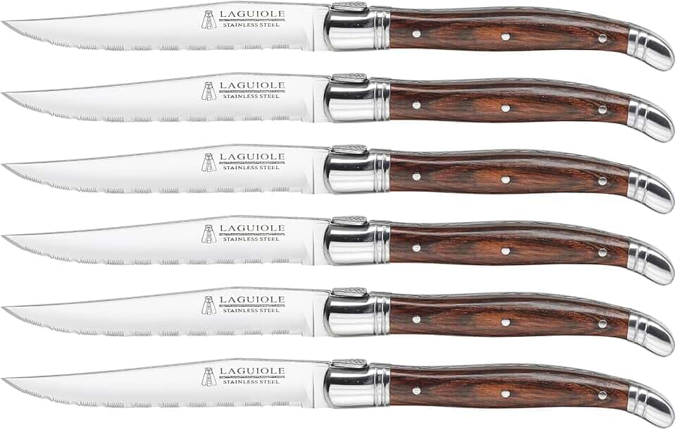 Trudeau Laguiole Steak Knives Set of 6 – Premium Stainless Steel Serrated Blades with Pakkawood Handles – Dishwasher Safe Steak Knife Set for Dinner, BBQ, or Gifting – Rustic Elegant Design