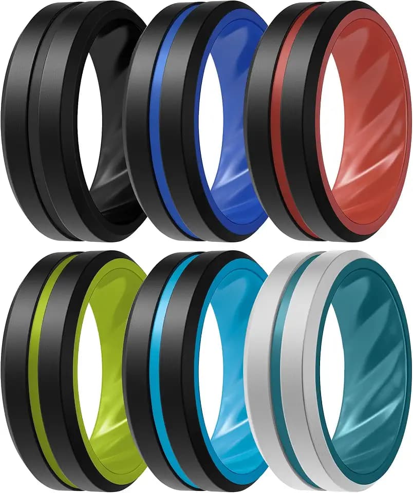 ThunderFit Silicone Rings Wedding Bands for Men, Beveled Edge with Midline, 8.2mm Wide, 2.7mm Thick, Breathable Rubber Engagement Bands for Men, Variety Multipack 1/3/6