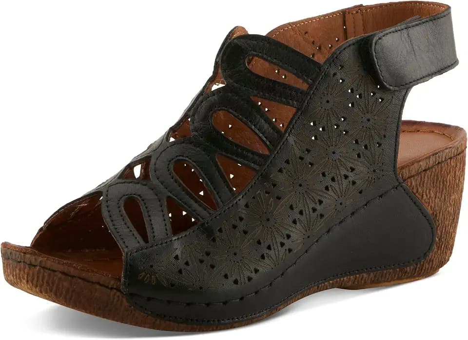 Spring Step Inocencia Women's Leather Wedge Sandals | Low Heel Sandals for Women with Floral Laser Cut Design, Hook and Loop Strap, Mediterranean Style