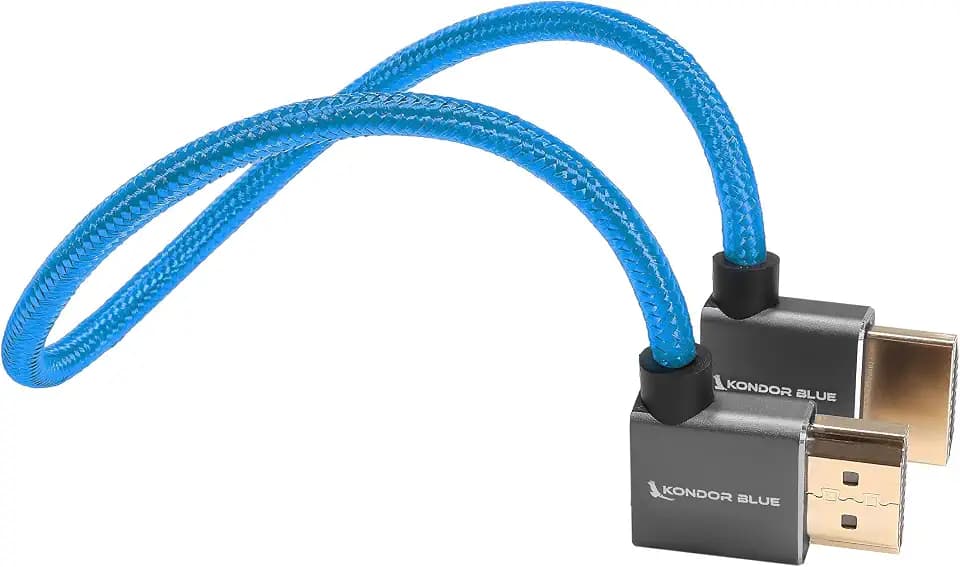 KONDOR BLUE | Full HDMI 2.0 Right Angle to Left Angle 12” Cable | Type A Male to Male, 4K 60Hz 18Gbps HDR 3D, Low Profile | for On-Camera Monitors & Recorders + More | Blue