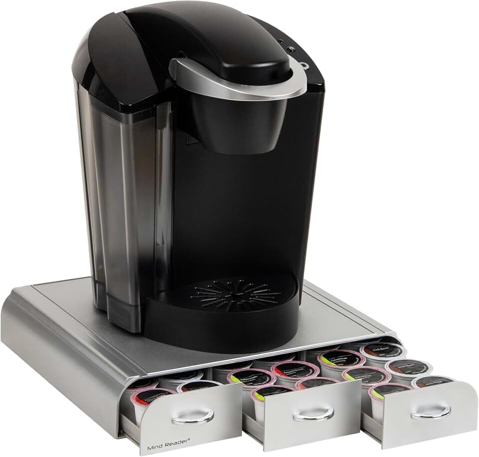 Mind Reader Single Serve Coffee Pod Organizer with 3 Drawers, 36 Pod Capacity, Countertop, 13.5"L x 12.25"W x 2.5"H, Silver