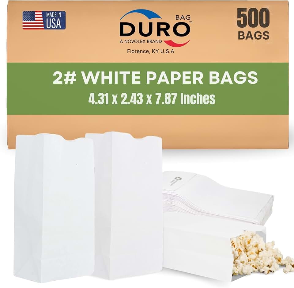 DURO 2# White Paper Popcorn Bags, 500 Count, 4.31 x 2.43 x 7.87 In