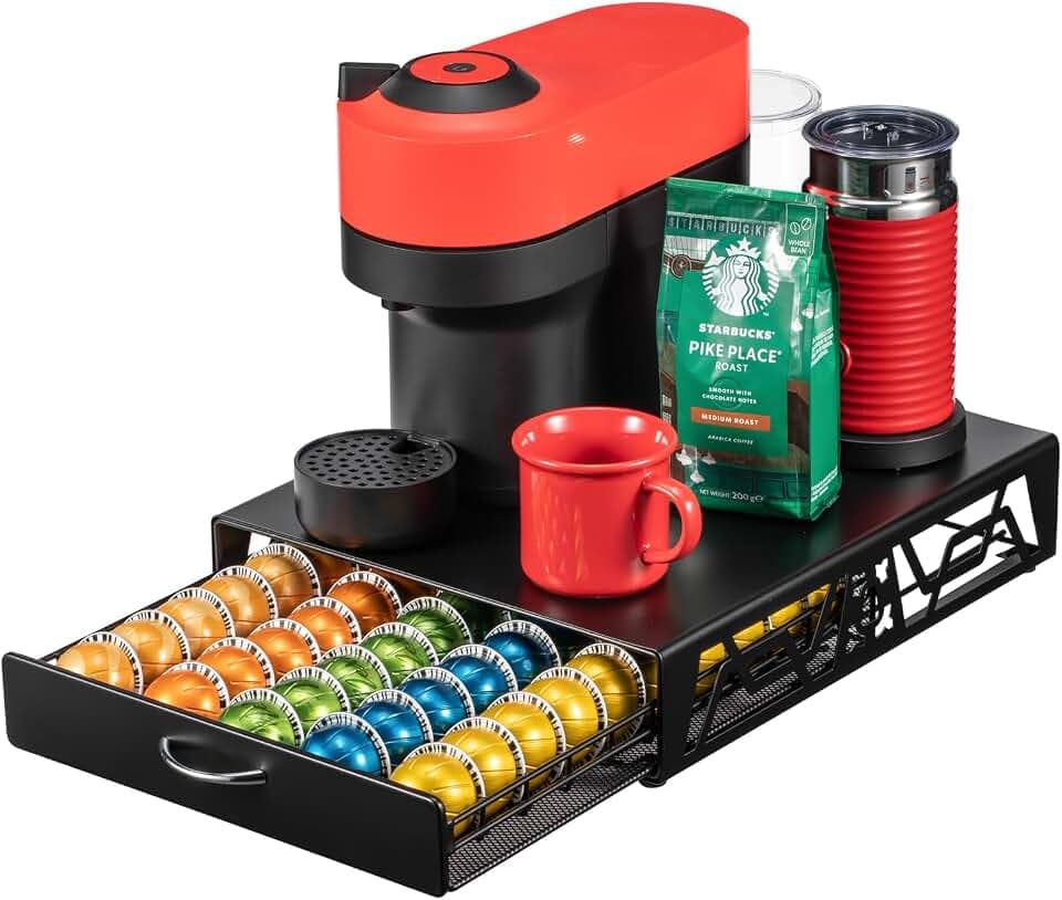 ZCDCP Pod Holder - Modern Sleek Black Metal Capsule Organizer for Nespresso Pods, Stylish Coffee Machine Stand for Coffee Bar, Office or Home Kitchen(50 Pods Capacity)