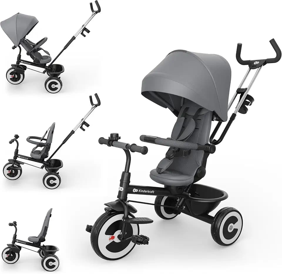 Kinderkraft Aston 2 PRO Dreirad, Schiebestange, 360° Sitz, Verdeck, Grau