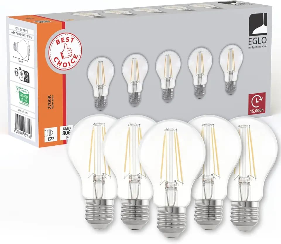 EGLO Set aus 5 E27 Filament LED Lampen, Edison Glühbirne transparent