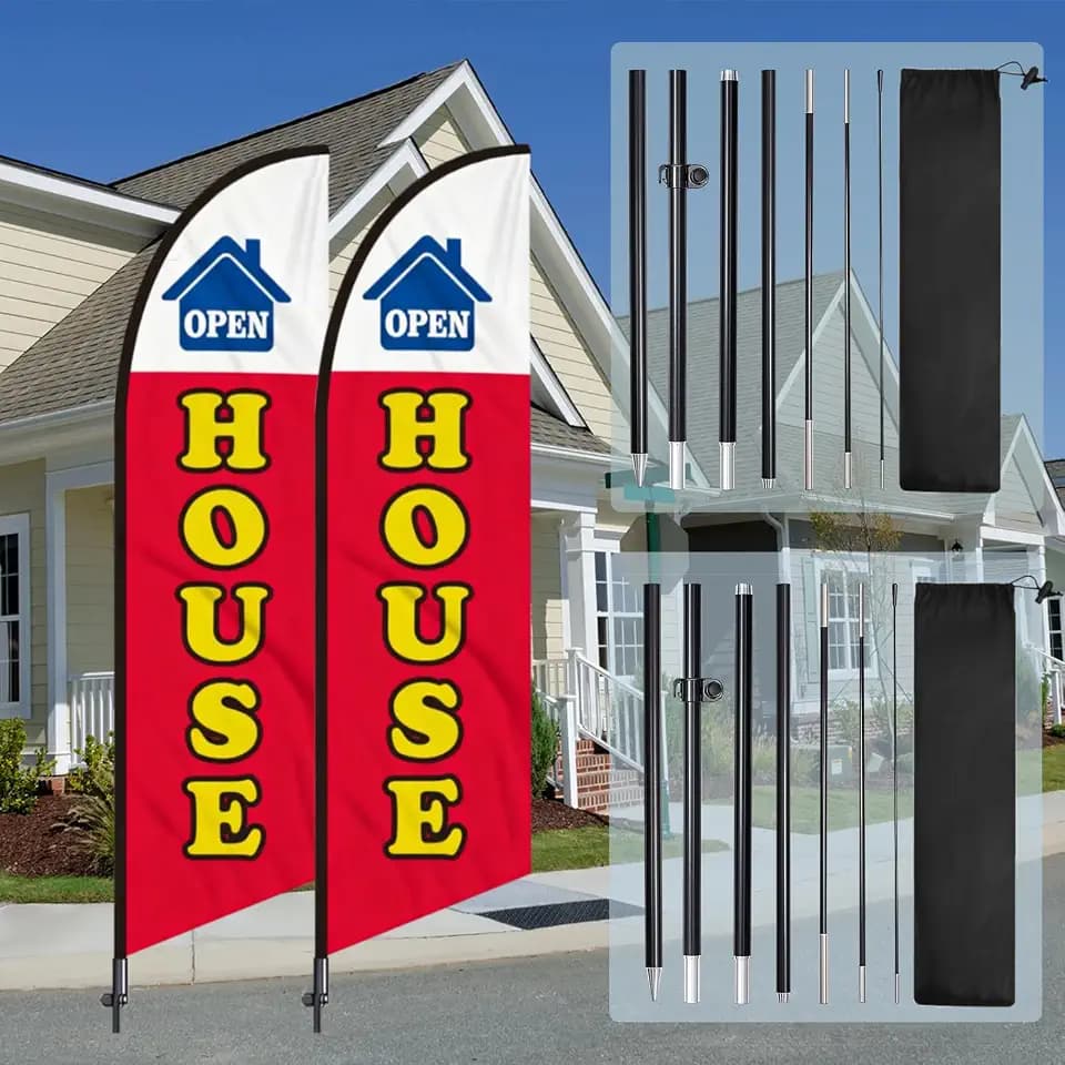 AZCOVER Open House Feather Flag 2 Pack, 8FT Open House Signs for Real Estate, Feather Flags Banner Set with Flagpole Ground Stake Portable Bag for Outside Business Banner Advertising