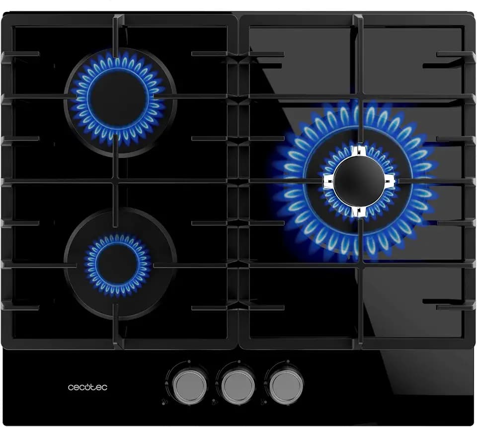 Cecotec Gasherd Bolero Squad G 3200F Glass Black, 6250W, 3 Brenner, schwarzes Glas, vollständige Gusseisenroste, Triple-Crown WOK-Brenner, elektrische Zündung, Sicherheitsventilsystem