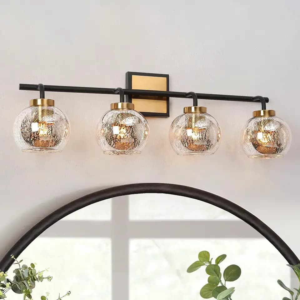 KSANA Black Gold Vanity Light, Modern 4-Light Bathroom Light Fixture with Mercury Glass Shade, Electroplating Brass 29.5”L Globe Vanity Lighting Over Mirror