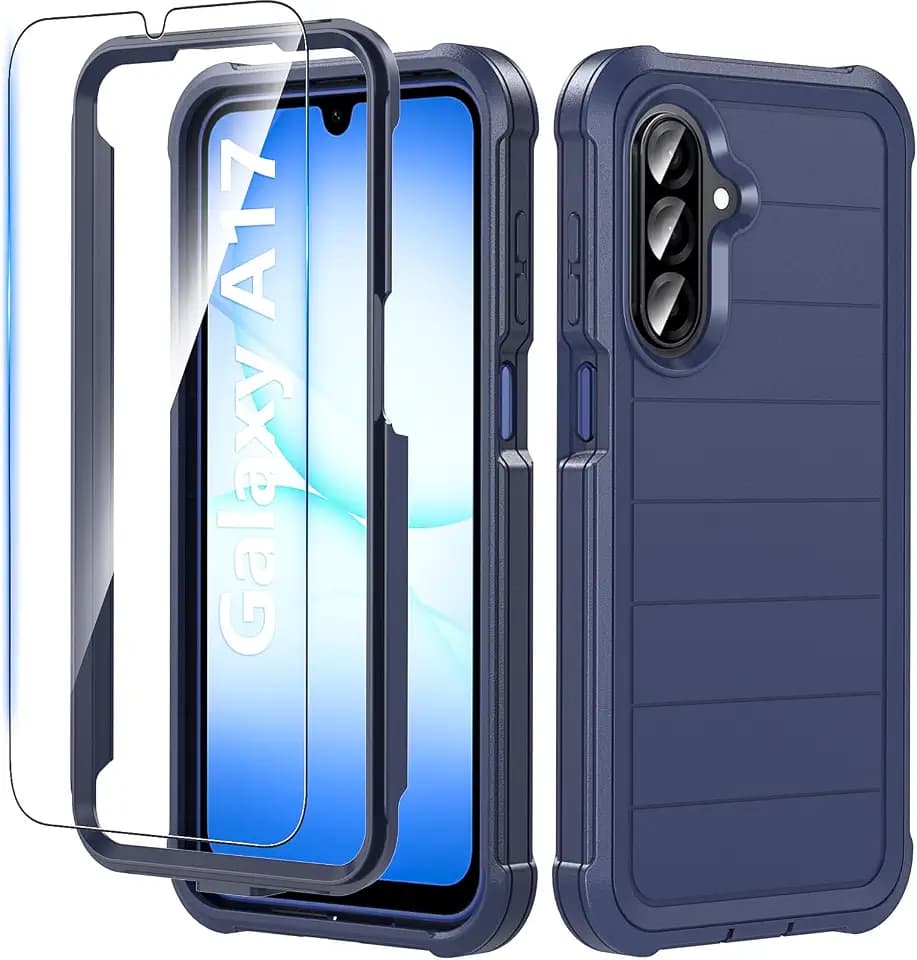 Hensinple for Samsung Galaxy A17 5G Phone Case with Screen Protector, Heavy Duty Military Shockproof Full Body Durable TPU Protective Cover Case for Samsung A17 5G (Blue)