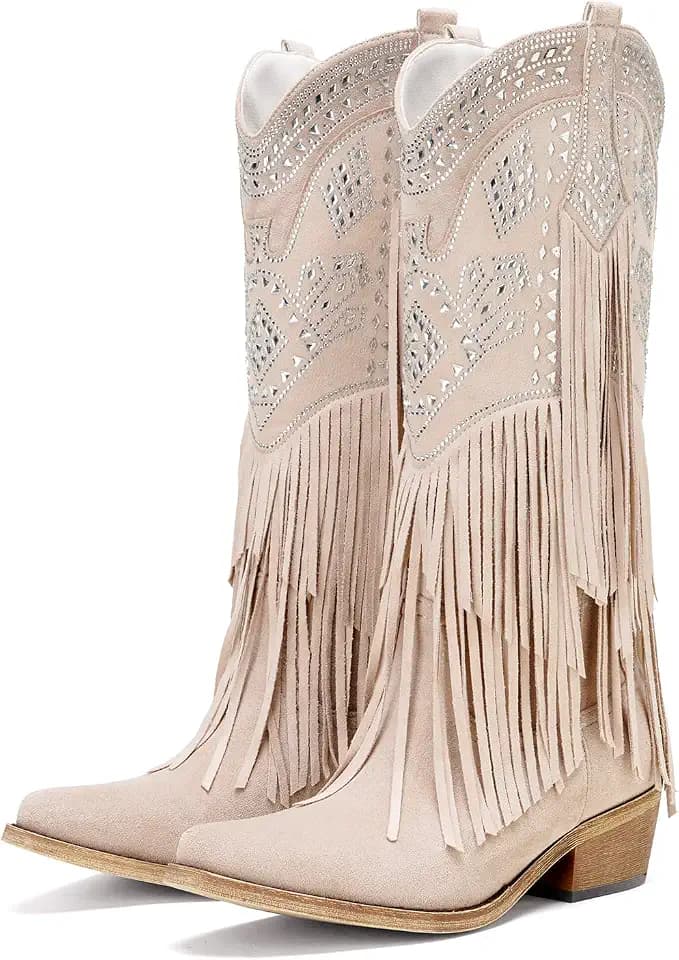 UTIKLIOU Cowboy Boots for Women Knee High Cowgirl Western Fringe Boots Rhinestone Chunky Heel Pointed Toe