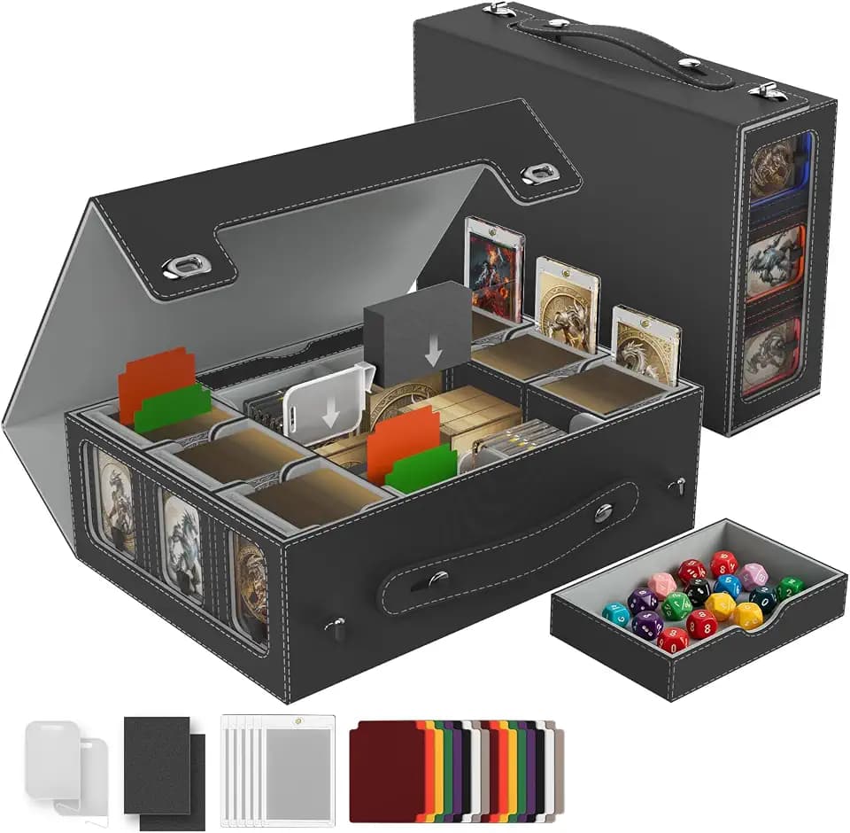 Cortile Commander Deck Box for MTG, Modular 9-in-1 Card Storage Box with 6-Deck Card Case,2-Row Deck Case and Dice Tray Fits 1400+ Double-sleeved Cards with Alloy Lock for TCG/EDH, Black Grey