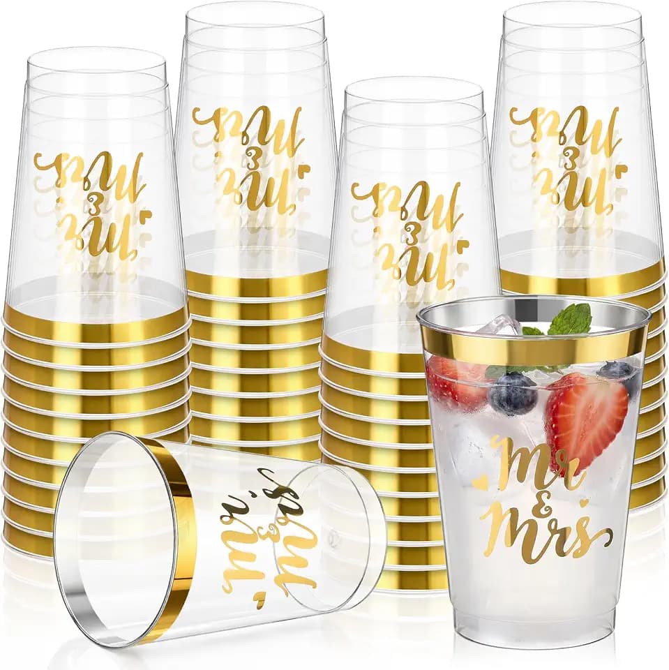 Shinymoon 50 Pack Mr and Mrs Wedding Cups 12 oz Disposable Clear Glasses