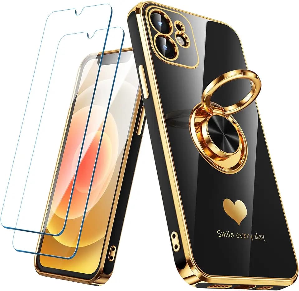 Schutzhülle für iPhone 11, kompatibel mit iPhone 11, mit 2 Displayschutzfolien, 360° drehbarer Ringhalter [luxuriöses Herzmuster], vergoldete Kanten, schlanke, weiche Handyhülle für iPhone