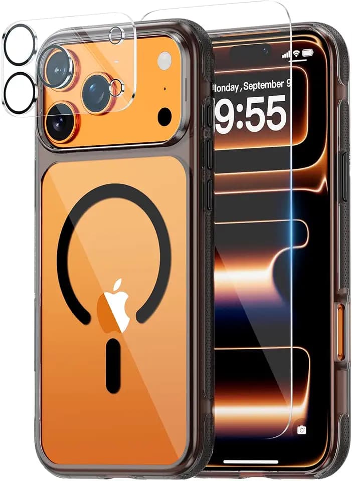 3-in-1 for iPhone 17 Pro Max Case, Compatible with MagSafe,Magnetic Slim Cover with Screen Protector & Camera Lens Protector,Anti-Slip Bumper Phone Case Clear Back,Military Grade Protection
