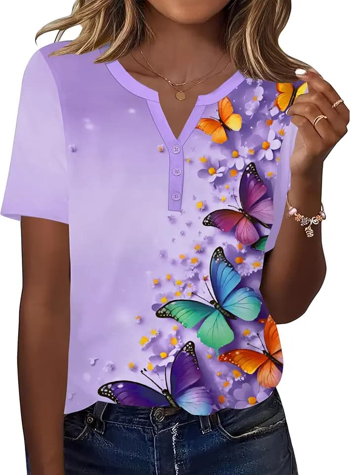 TCOT Women's Tops Dressy Casual Summer Blouses Short Sleeve Button V Neck Spring Tee Shirts