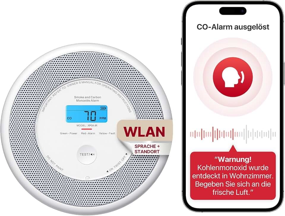 X-Sense XP0A-iR Rauch und CO Melder mit Sprachalarm und Standortansage, WLAN Kombinierter Rauch- und Kohlenmonoxidmelder für 17 festlegbare Räume，kompatibel mit der X-Sense Home Security-App, 1 Stück