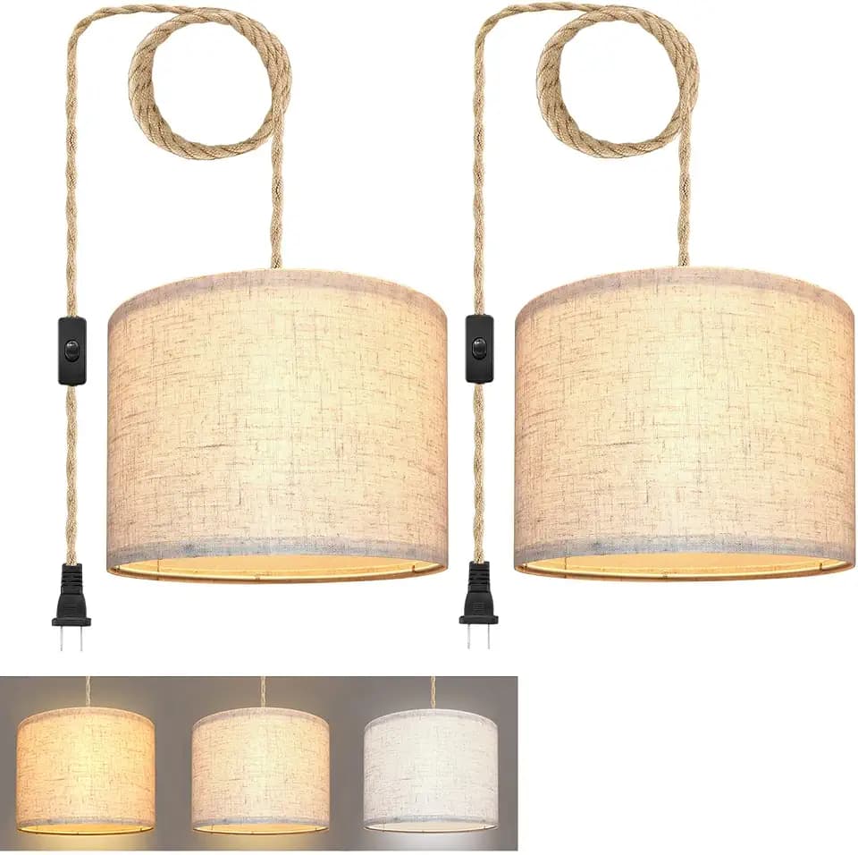 KUAUGST Plug in Pendant Light, Hanging Lights with Plug in Cord, Hanging Lamp with 15ft Hemp Rope, On/Off Switch, Beige Linen Shade, Light Fixture for Bedroom, Living Room, Dining Table 2 Pack