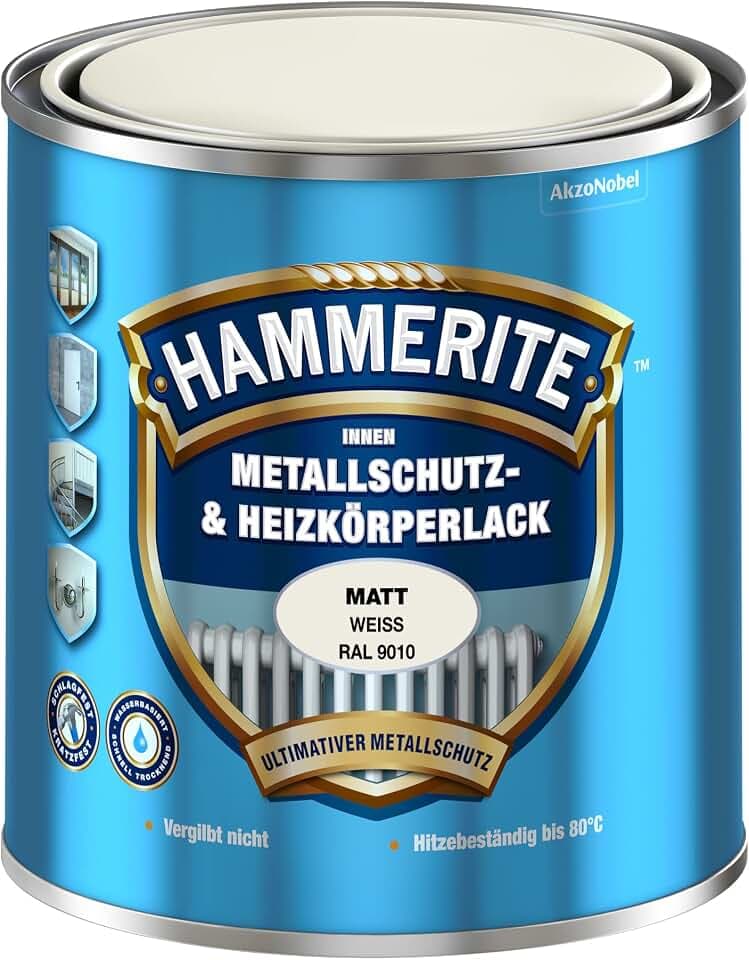 Hammerite Innen Metallschutz- und Heizkörperlack Matt, 3in1- Rostschutz, Reinweiß, 500 ml