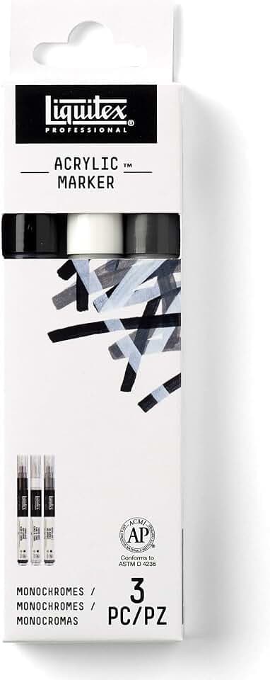 Liquitex 3699242 Professional Paint Acrylfarben Marker, Künstlerpigmente zum Zeichen, Malen auf Papier, Leinwand, Textilien, feine Spitze - 3 Marker Set Monochrome