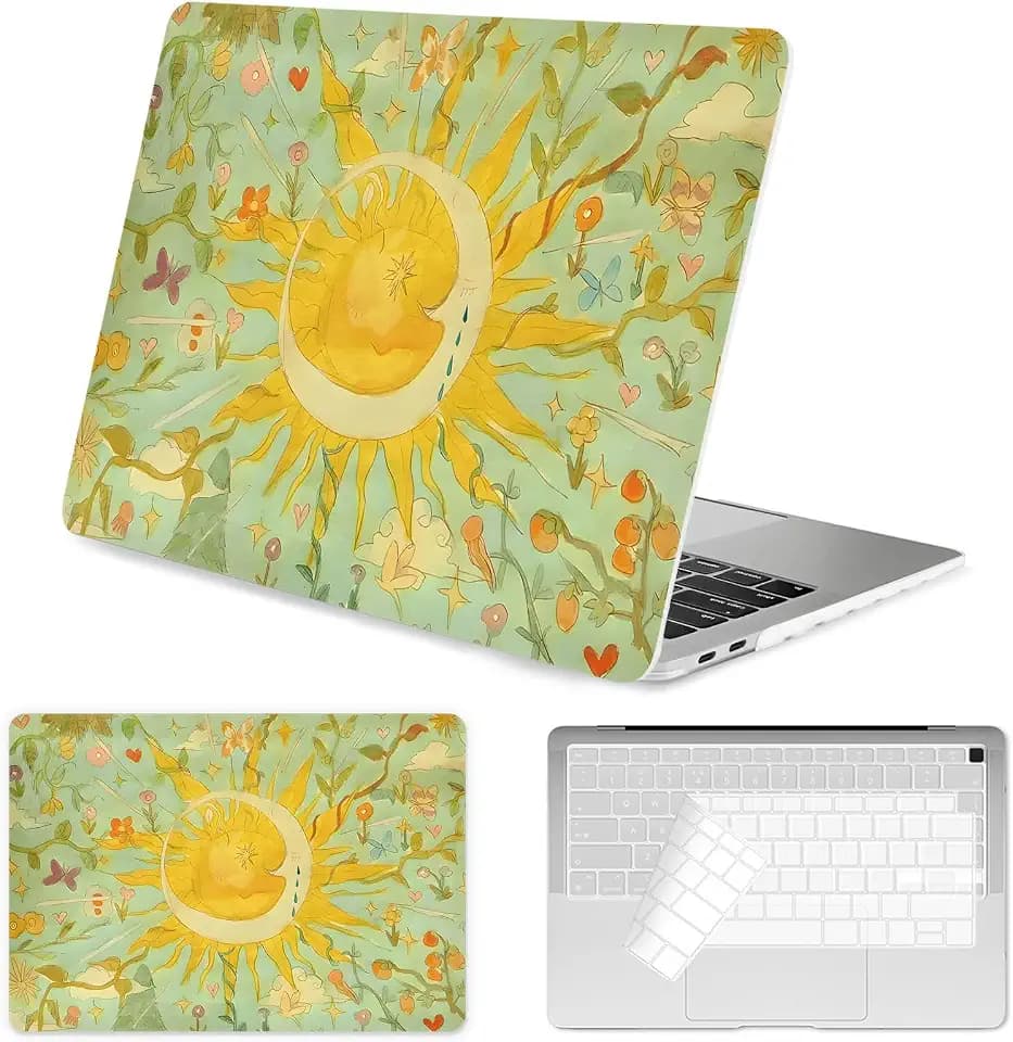 Seorsok Compatible with MacBook Air 13 Inch Case 2022 2021 2020-2018 Release A1932 A2179 M1 A2337,Colorful Retro Oil Painting Printed Flower&Sun Plastic Hard Case& Keyboard Cover,Vintage Green