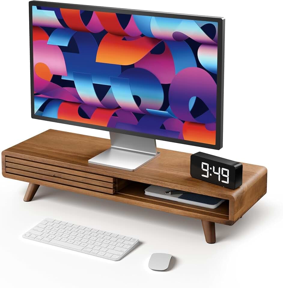 Tinamo 24" Wood Monitor Stand Riser with Sliding Door and Cable Management