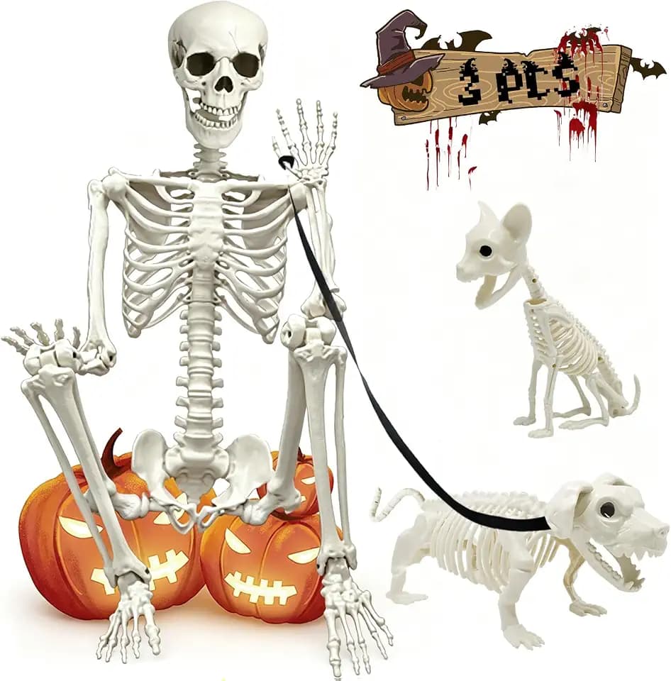 5.4Ft Posable Halloween Skeleton with Dog Cat Skeleton for Halloween Decor