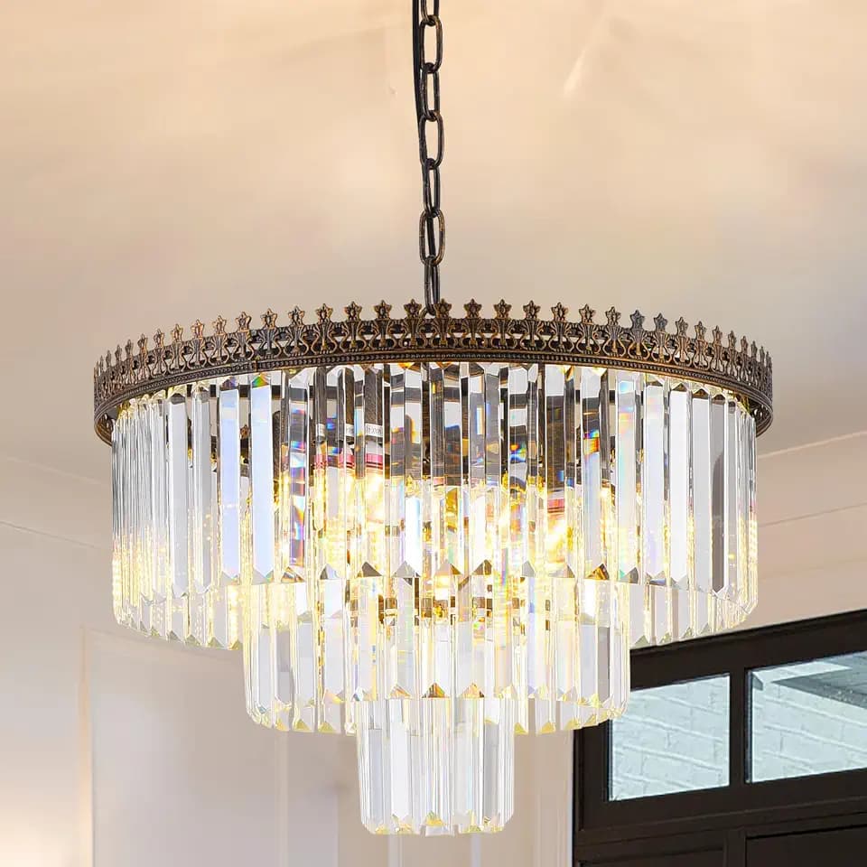 6-Light Crystal Chandelier, 20 inches 3-Tier Modern Chandelier for Dining Room, Farmhouse Round Crystal Hanging Light Fixture for Foyer Living Room Entry Way Bedroom