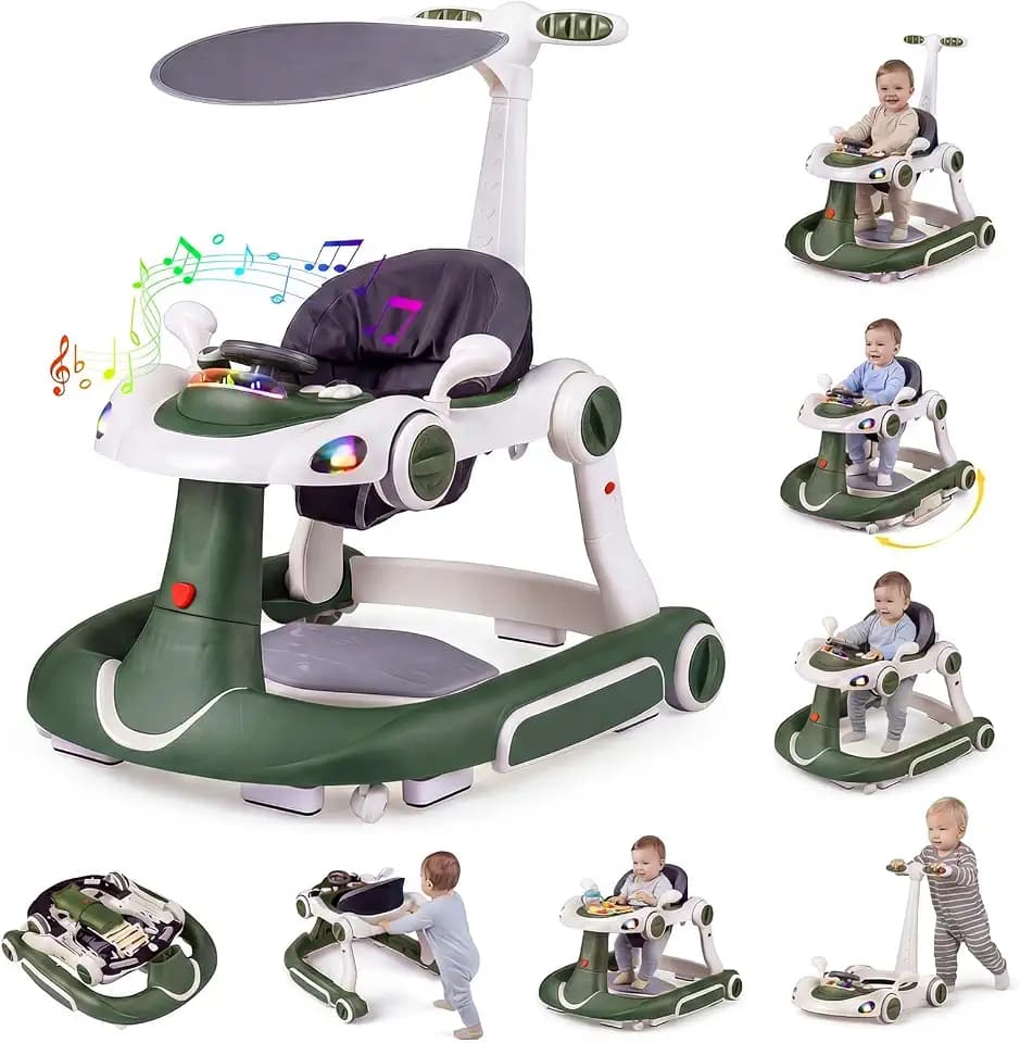 FANTASK 7 in 1 Lauflernhilfe mit abnehmbarem Verdeck, Lauflernwagen höhenverstellbar mit Spielboard, Musik, Licht & Rädern, Gehfrei mit einstellbarer Geschwindigkeit für Baby ab 6 Monaten (Grün)