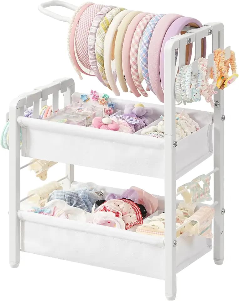 HOOBRO Haarreif Aufbewahrung Ständer mit 6 Haken und herausnehmbaren Trennwänden, Haarreif Halter,Jewelry Haarschmuck Organizer Box für Haargummi, Haarclip, Haarband, Armband,Ohrring,Weiß EWW02HS04