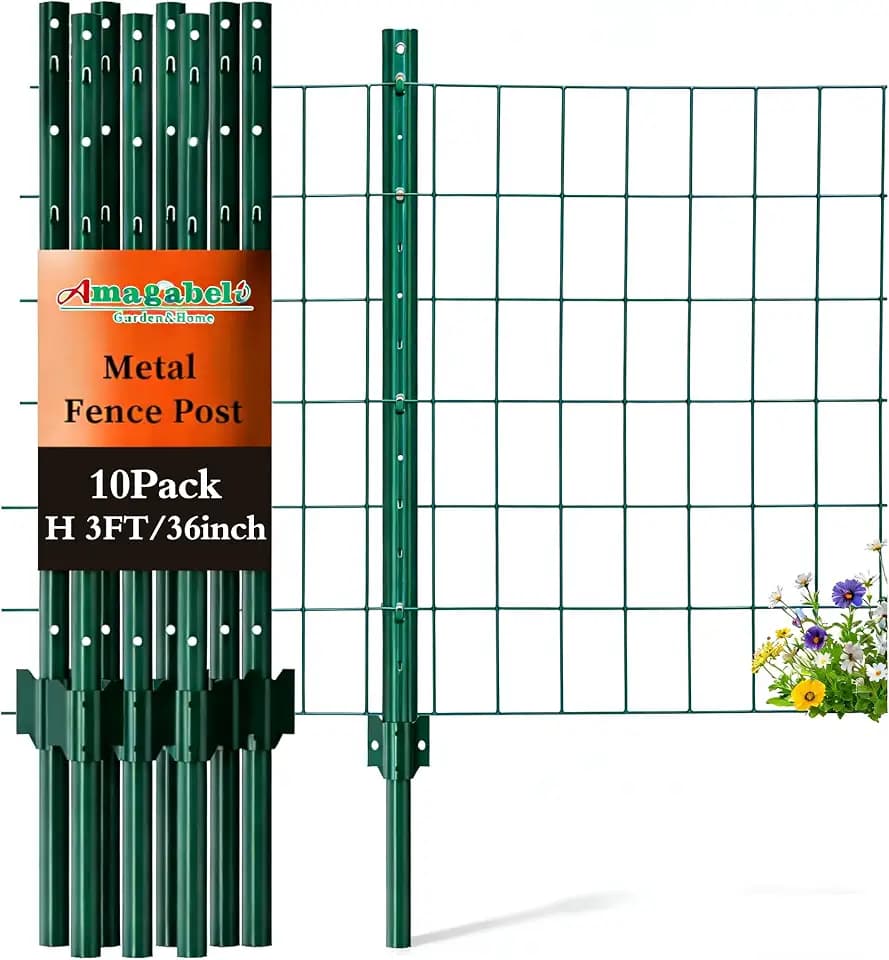 Amagabeli Metal Fence Posts 3 Feet 10 Pack Heavy Duty Garden Stakes T Post U Channel for for Wire Fence No Dig Garden Fence Stakes for Temporary Fencing Electric Corner Anchor Green