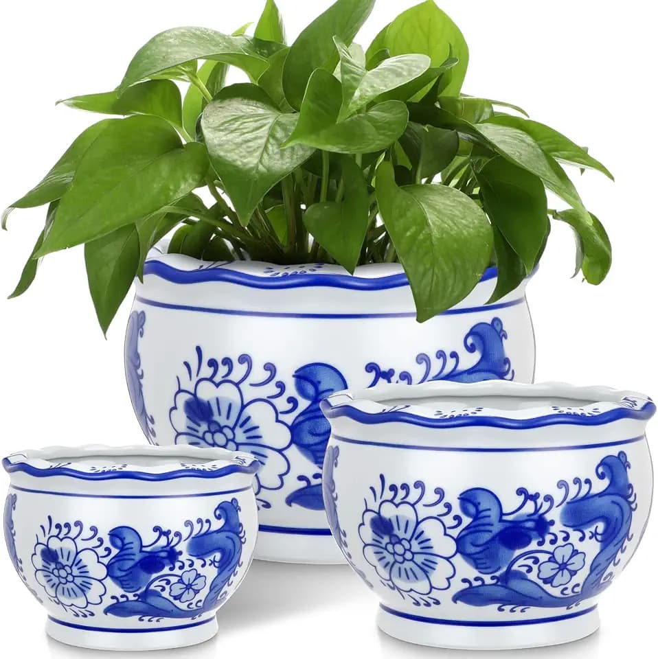 Briwooody Set of 3 Chinoiserie Planters Blue White Ceramic, Elegant Style