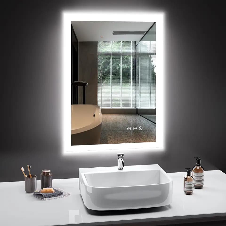 Badspiegel mit Beleuchtung, 50x70cm Badezimmerspiegel mit Beschlagfrei, 3 Lichtfarben, Dimmbar, Speicherfunktion, IP44 LED-Spiegel-Bad, Horizontal/Vertikal