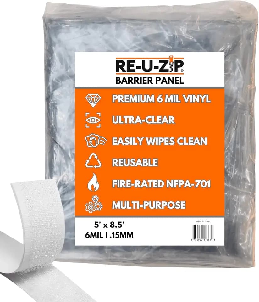 RE-U-ZIP Ultra-Clear Hook & Loop Dust Barrier Panel Kit | FR Vinyl Plastic Containment Tarp | Heavy Duty Customizable Cut-to-Size (5 x 8.5FT) Barrier + Hook & Loop Fastener Strips