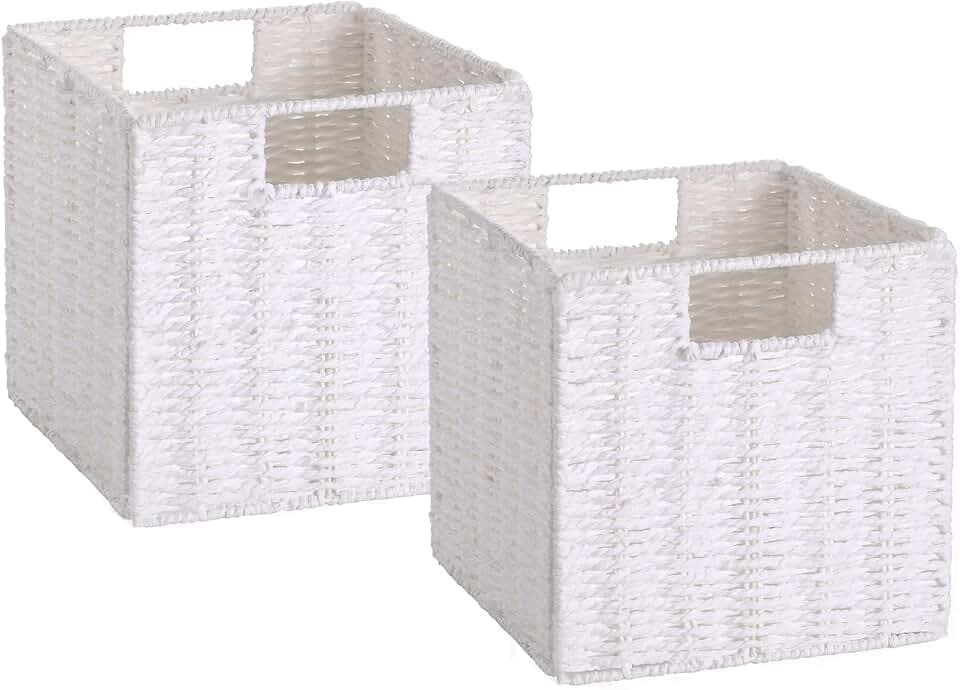 Vagusicc Weidenkörbe, Set aus 2 handgewebten Papierseil-Aufbewahrungskörben, faltbar, würfelförmig, zum Organisieren und Dekorieren von Regalen, Schränken, Weiß (27,9 cm)