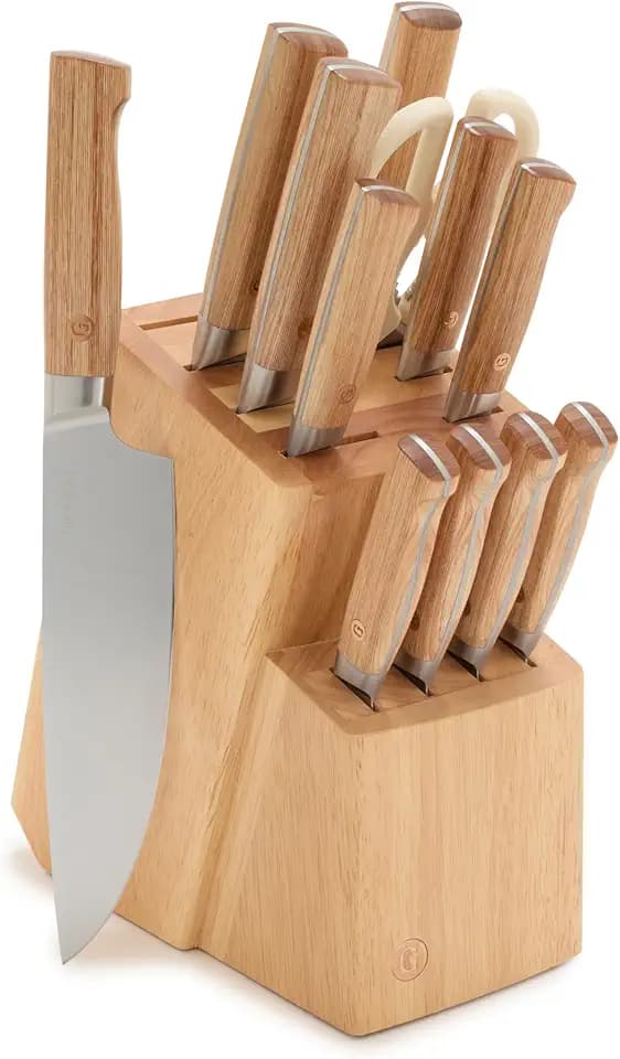 GreenPan Elite 13 Piece Wooden Knife Block Set, Professional Stainless Steel Blades with Titanium Coating, Ultra-Sharp Kitchen Cutlery, Chef, Santoku, Bread & Steak Knives, Ergonomic Light Wood Handle