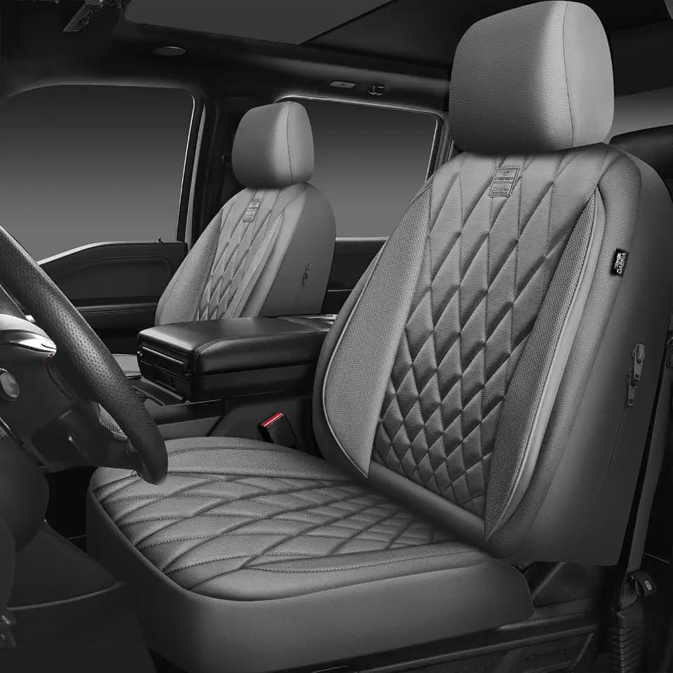 CAR PASS Piping Luxury PU Leather Two Front Car Seat Covers, Waterproof Anti Slip Seat Covers Compatible with Front Seat Armrests,Universal Fit for Suvs,Vans,Trucks,Airbag Compatible(All Gray)