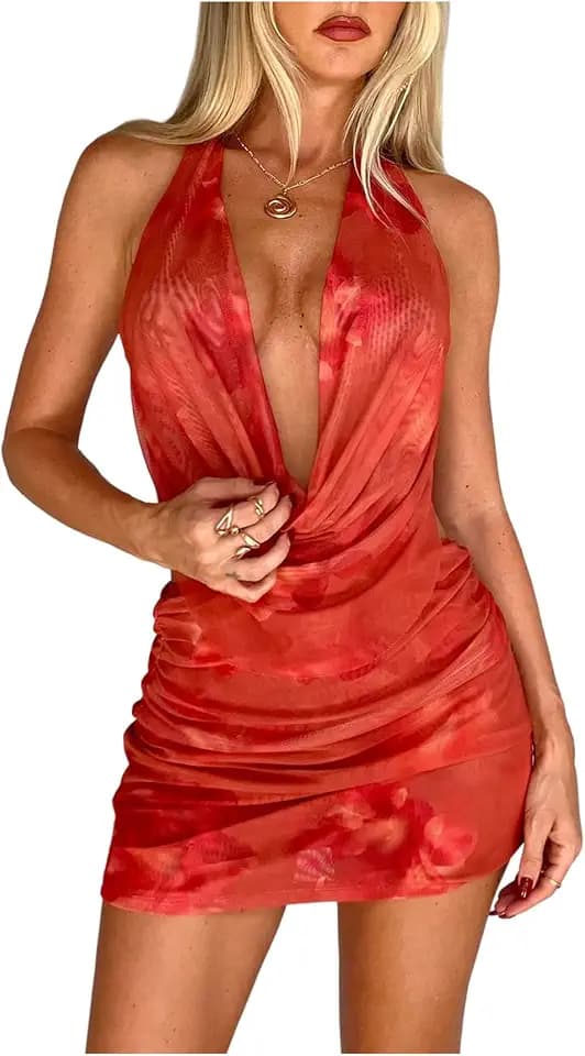 SOLY HUX Women's Floral Halter Mini Dress Deep V Neck Draped Sleeveless Ruched Backless Bodycon Vacation Party Dresses