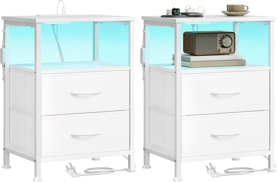 SONGMICS Nachttisch 2er Set, mit Steckdose, LED-Beleuchtung, 2 Schubladen