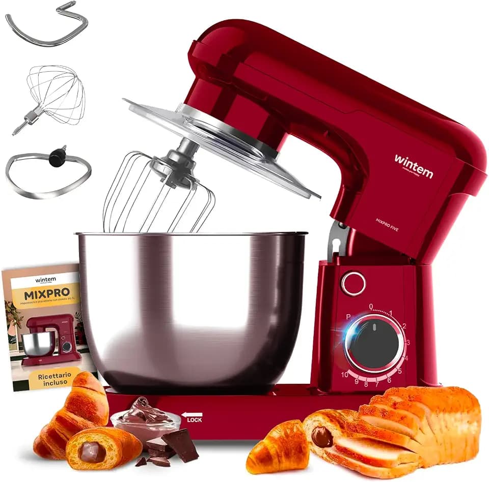 Avilia Planetäre Knetmaschine mit Schüssel aus Stahl, 5 l, rot, 15.000 W und 10 einstellbare Geschwindigkeitsstufen, leise und Schutzklasse II, inklusive Haken für Teig, Schläger und Schneebesen