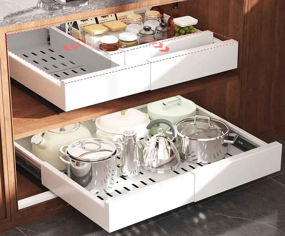 Seinloes Pull Out Cabinet Organizer,4-Side Expandable to Maximize Cabinet Space,Slide Out Drawers with 3 Rail Design,Roll Out Shelf with Raising Pad for Framed Cabinet,13"-21"W x 13"-17"D,White,2 Pack