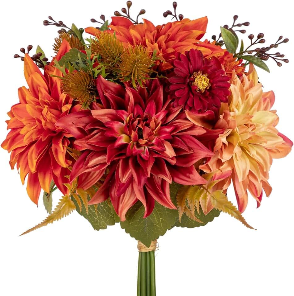 Briful Kunstblume Künstliche Blumenstrauß Kunstpflanze Blumenarrangements 2er Set Hortensie Rosenbouquet Höhe 30cm Dekopflanze für Arrangements Festtags-Tafel o. Hochzeit (Orange Rot, 1 Stück)