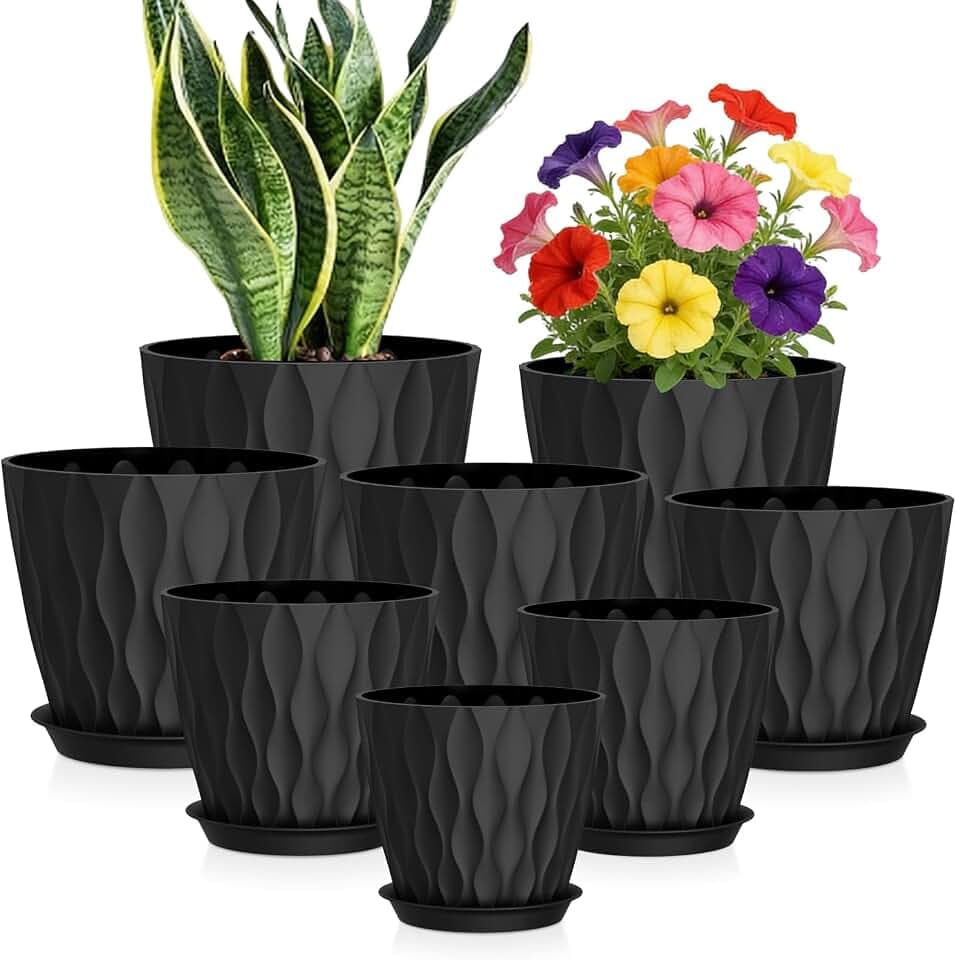 WSMKSZ 8er Set Blumentopf mit Untersetzer, 10 bis 20 cm Pflanztöpfe Innen
