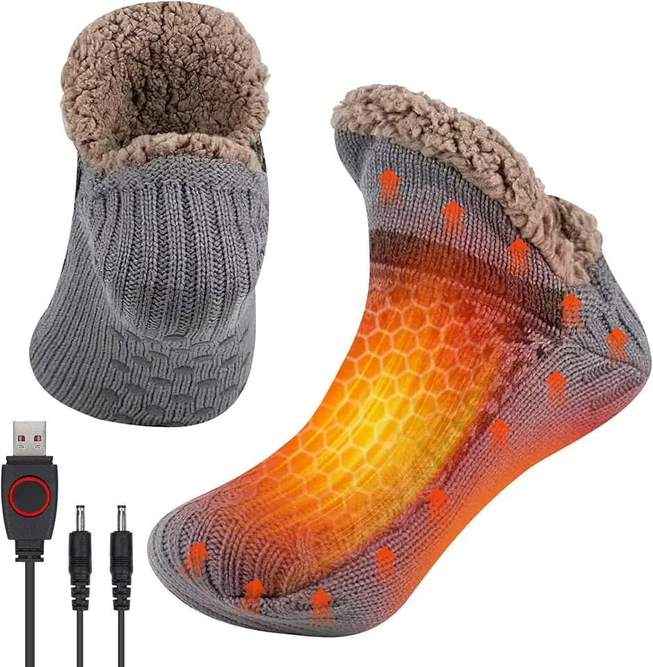 Elektrisch beheizter Fußwärmer, USB-beheizte Socken für Damen und Herren, Flauschige Hausschuhe, Thermosocken mit Rutschfester Sohle, Fleecefutter, Winter gemütliche, Dicke Heizsocken für Zuhause